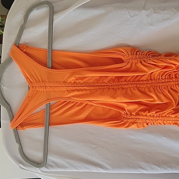 Ruched Racerback Orange Mini Dress - Picture 4 of 5